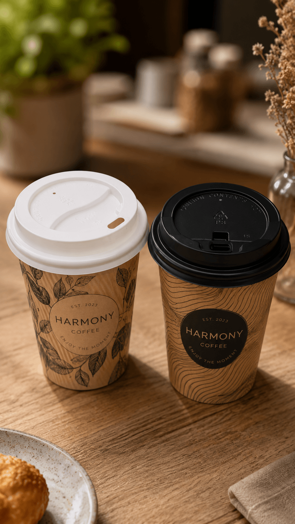 PS polystyrene cup lids in white and black on branded kraft paper coffee cups, 80mm and 90mm diameter