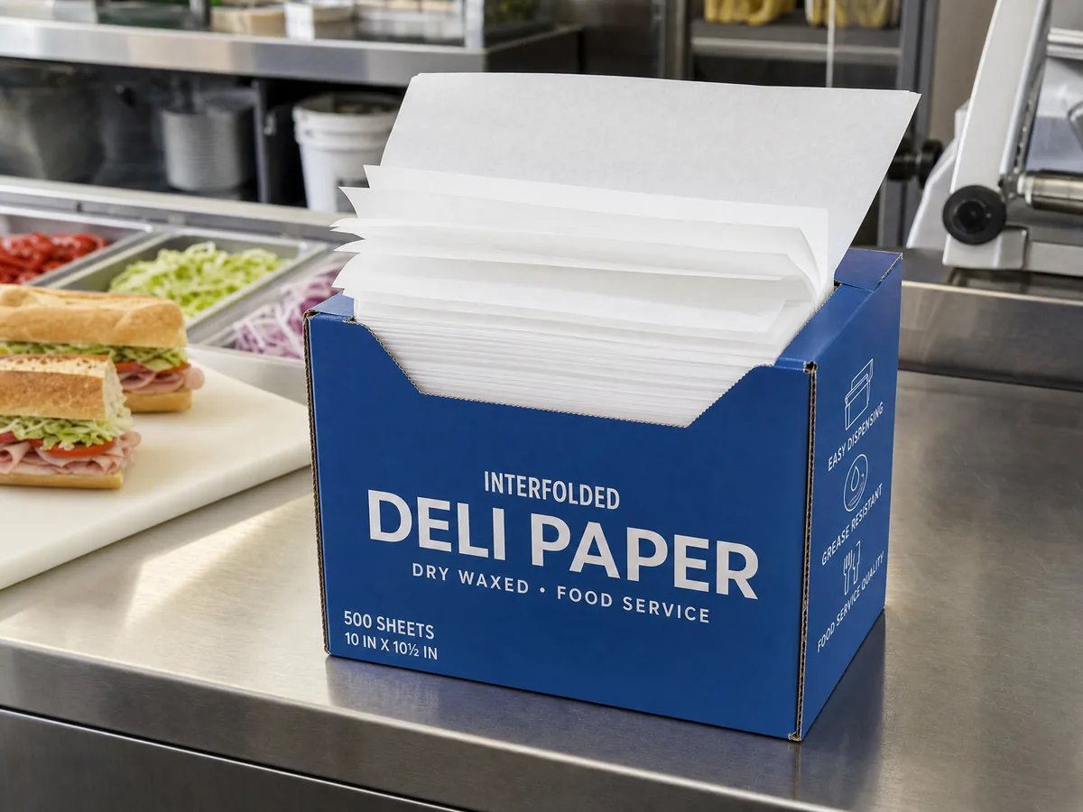 Interfolded deli paper sheets in commercial dispenser box on stainless steel deli counter — pop-up deli tissue wholesale