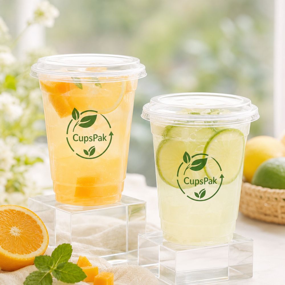 16oz PLA compostable cold cups with CupsPak logo, 95mm diameter, orange and lime drinks, wholesale from CupsPak