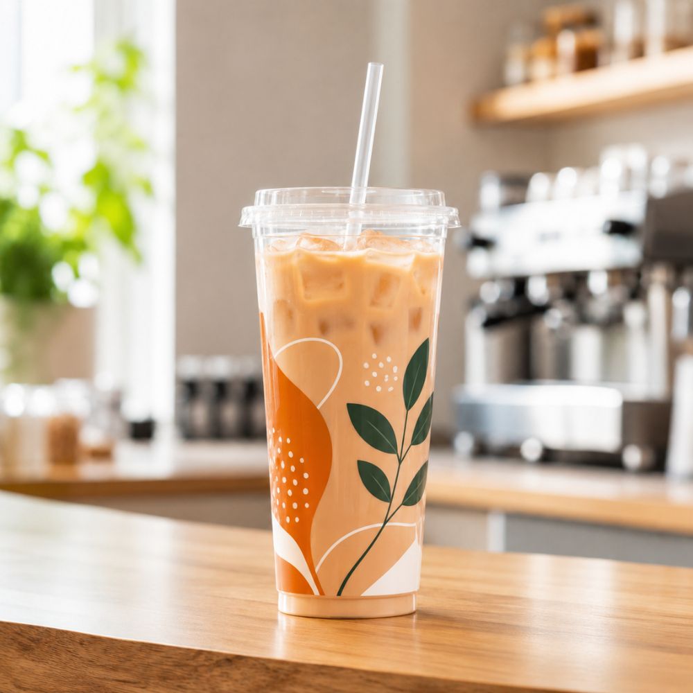 Custom printed PLA compostable cold cup with botanical design, iced latte, coffee shop application