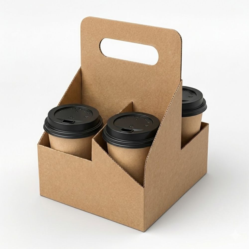 Kraft corrugated cardboard 4-cup box-style drink carrier with handle — wholesale disposable paper cup carriers for coffee shops and food delivery