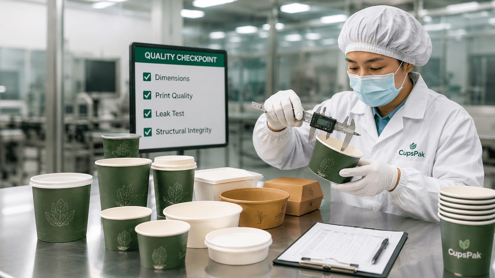 CupsPak quality control inspector in lab coat measuring paper cup dimensions with digital calipers, with quality checkpoint board showing Dimensions, Print Quality, Leak Test and Structural Integrity checks