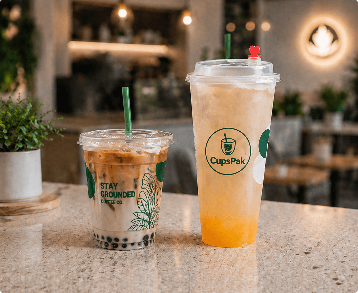 Custom branded PET cold cups with printed logos — iced coffee and cold drinks in café setting — CupsPak cold cup specialist