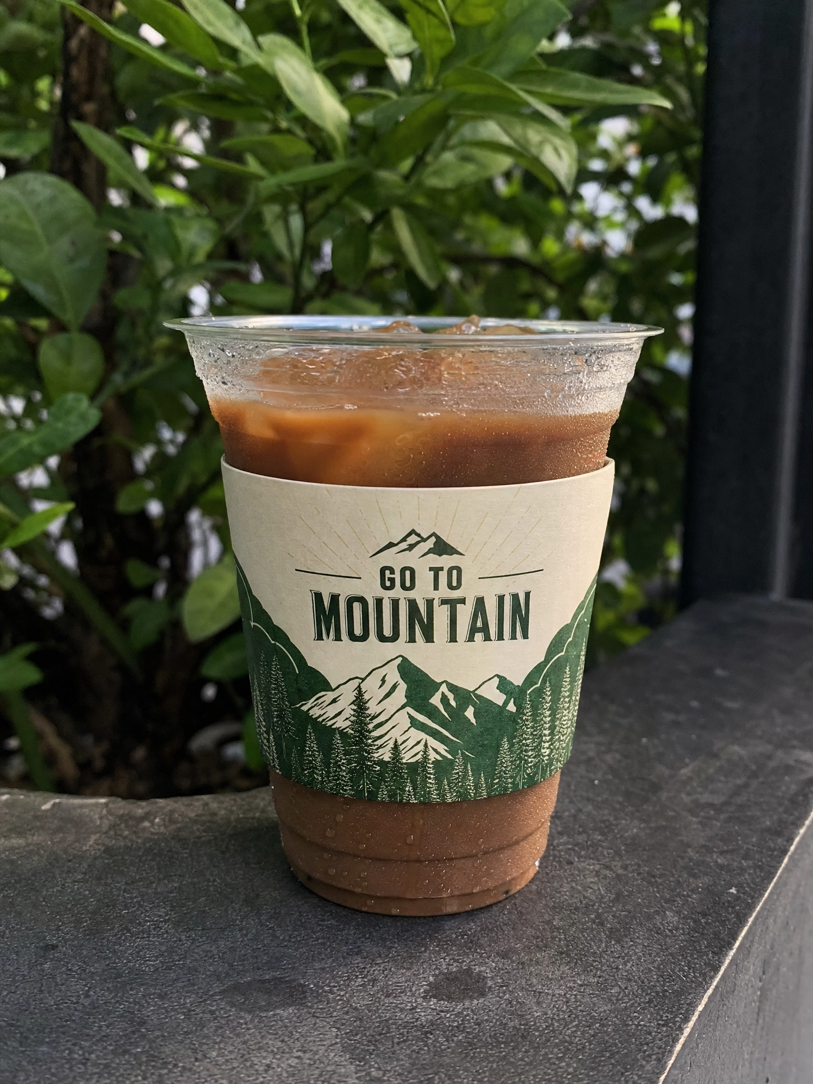 Custom printed paper sleeve on a clear PET iced coffee cup outdoors, showing mountain landscape brand design in green and cream