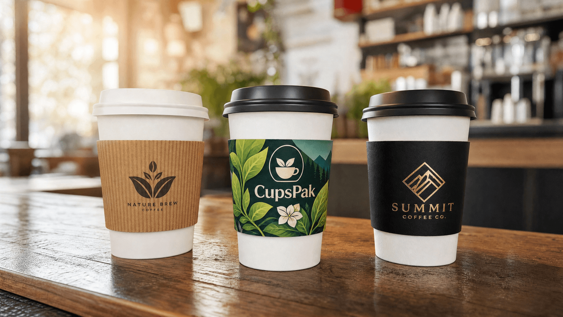 Custom printed coffee cup sleeves — corrugated kraft sleeve, full-color flat sleeve, and cold cup sleeve on paper cups in a café setting