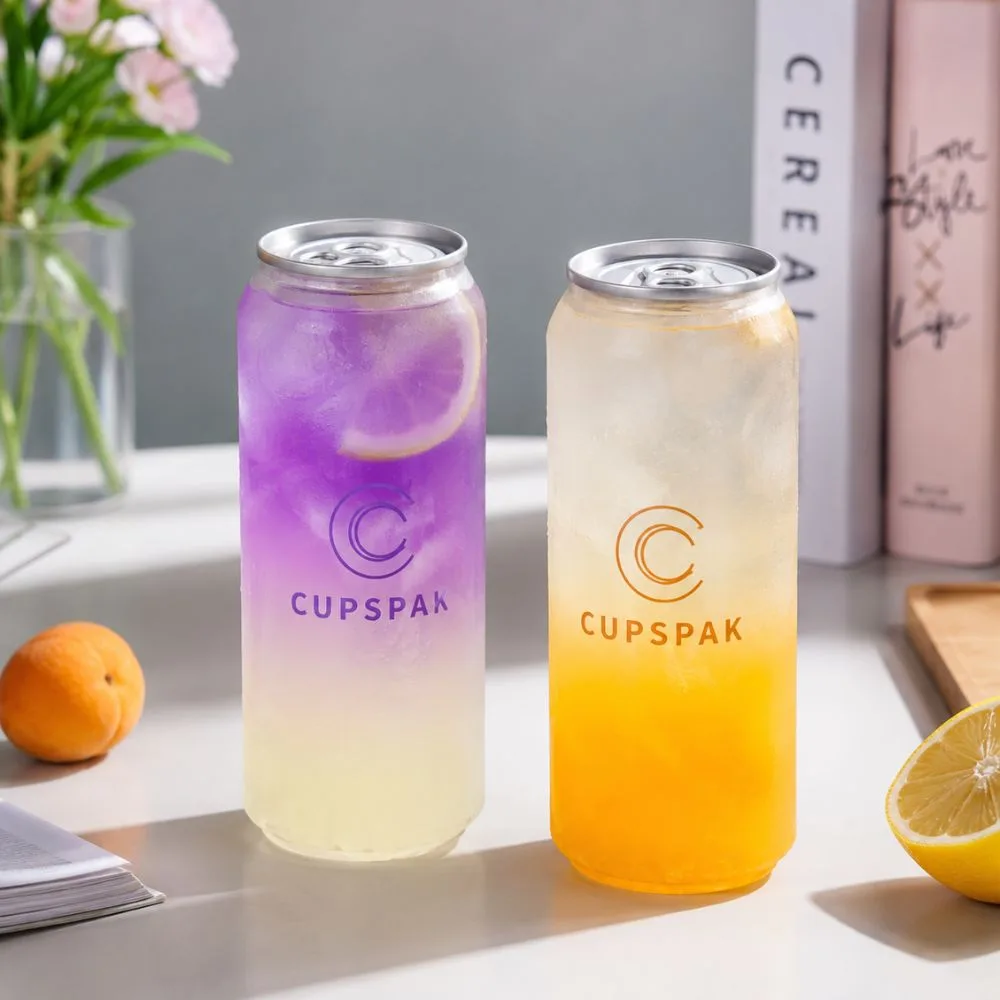 CupsPak logo screen-printed on clear plastic drink cans — custom branded PET cans with ring-pull lids for beverage brands