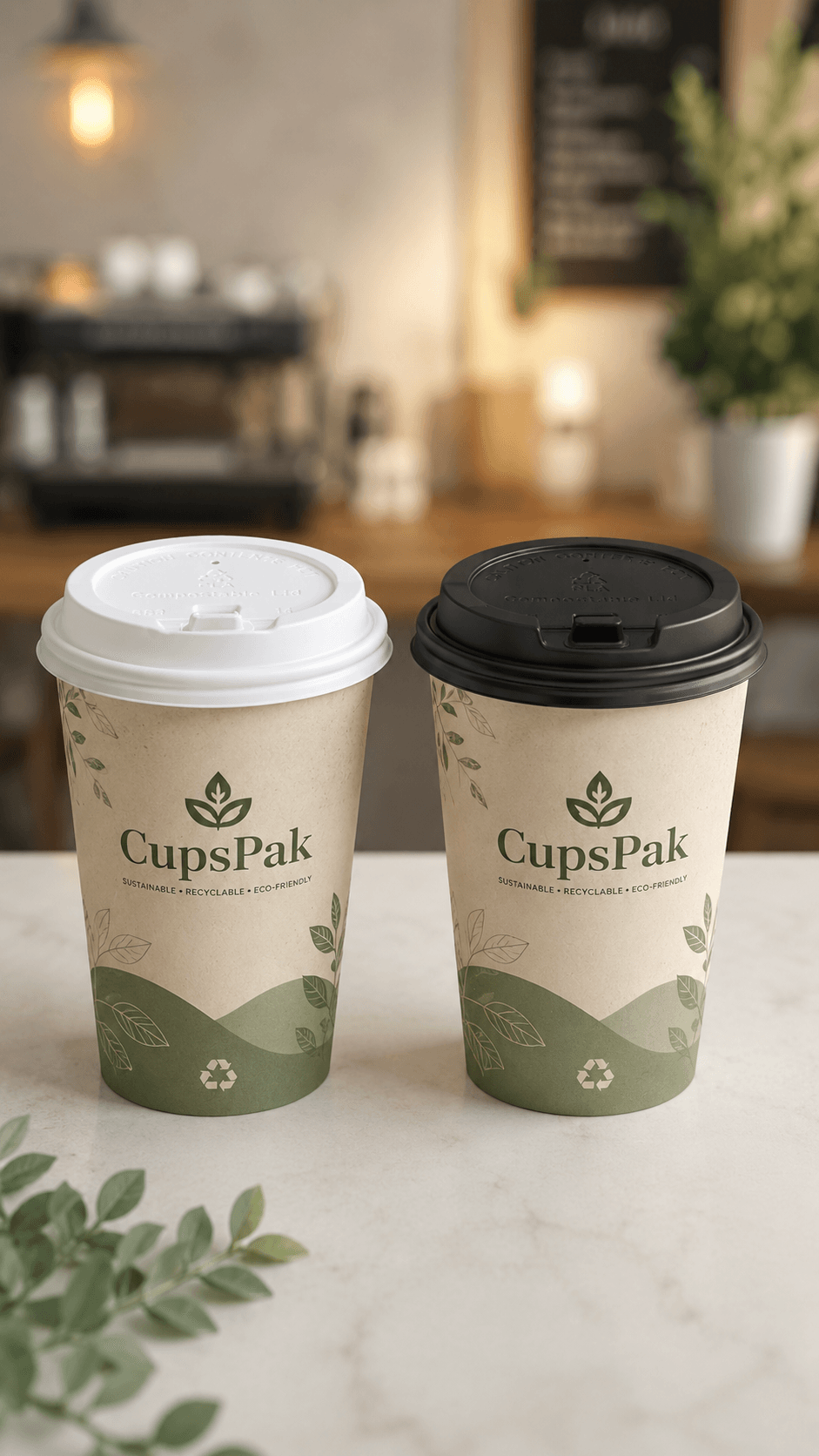 PLA compostable cup lids in white and black on CupsPak branded kraft paper cups in a coffee shop setting, eco-friendly sustainable hot cup lids