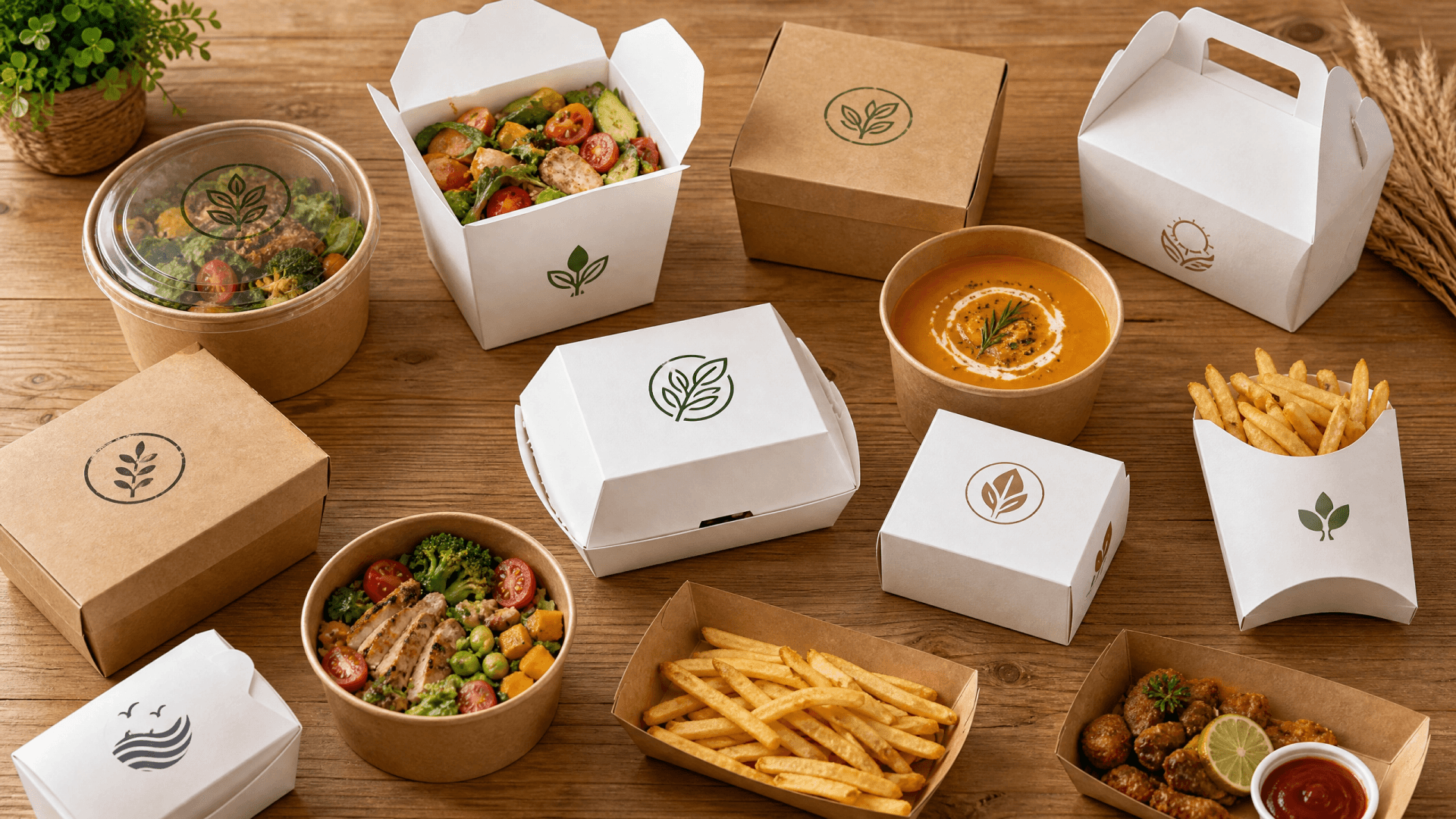 Paper food containers collection: bowls, boxes, trays and plates on wooden surface