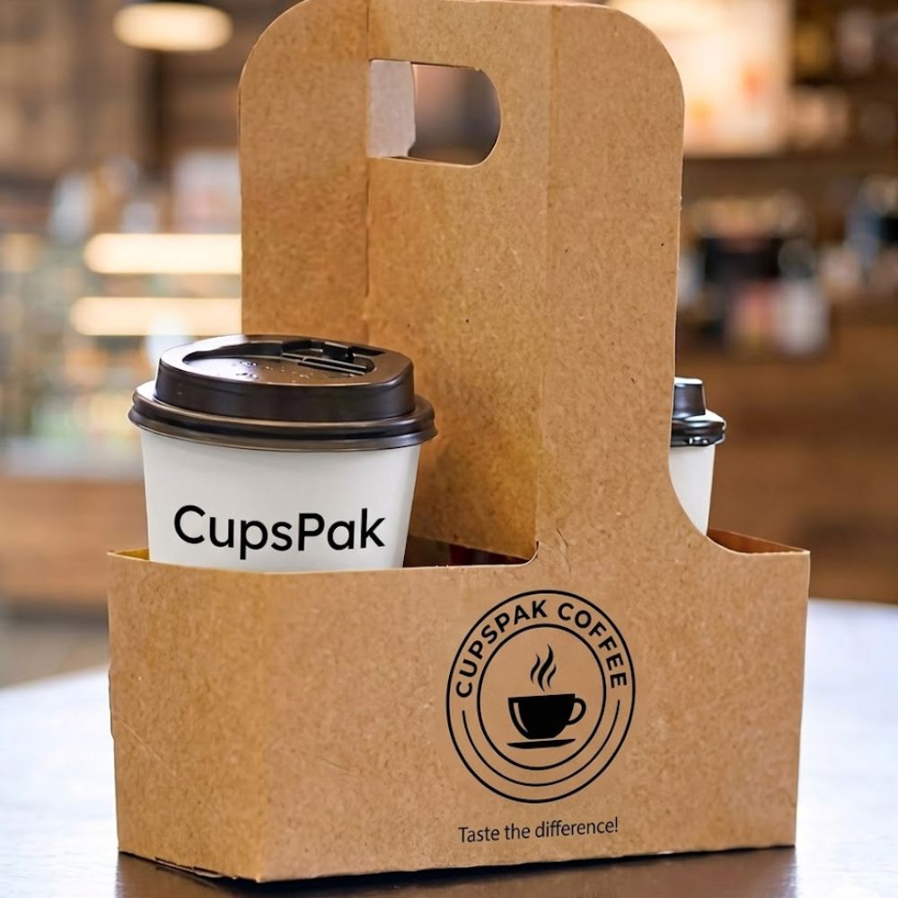 CupsPak branded 2-cup arch handle paper drink carrier — custom printed portable coffee cup holder for cafes and takeaway