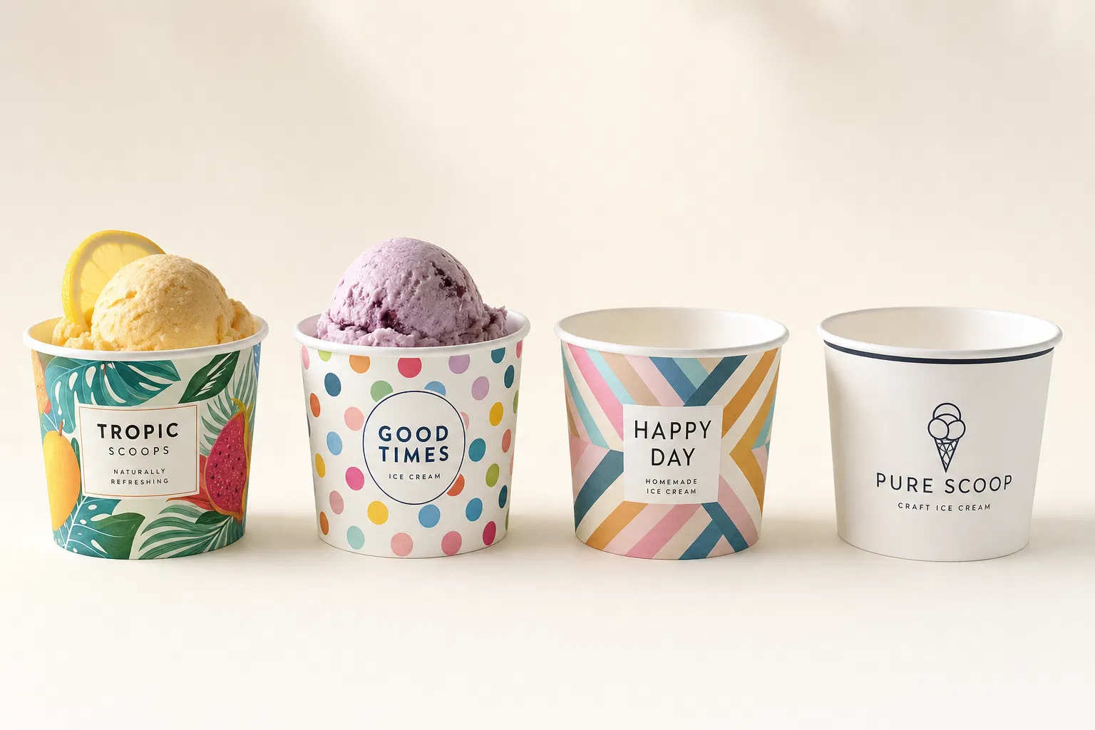 Custom printed ice cream cups with branded designs, CupsPak flexographic printing