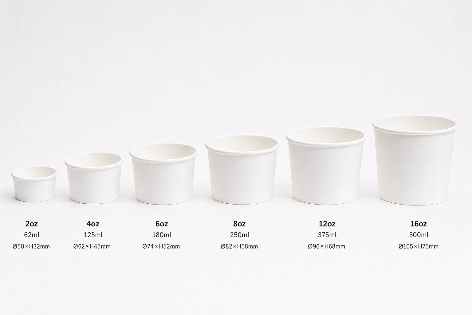 Ice cream cup size lineup from 2oz to 20oz in white and kraft, CupsPak