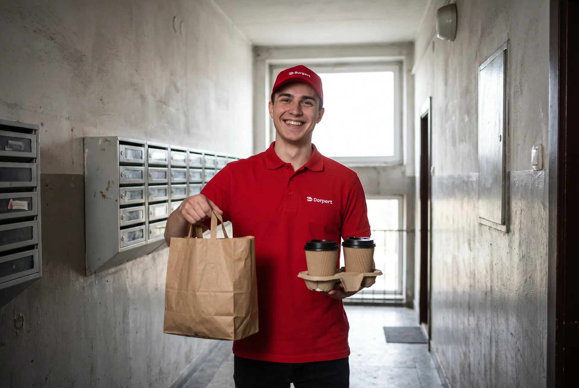Food delivery packaging — paper cups, bowls, and bags ready for takeout orders