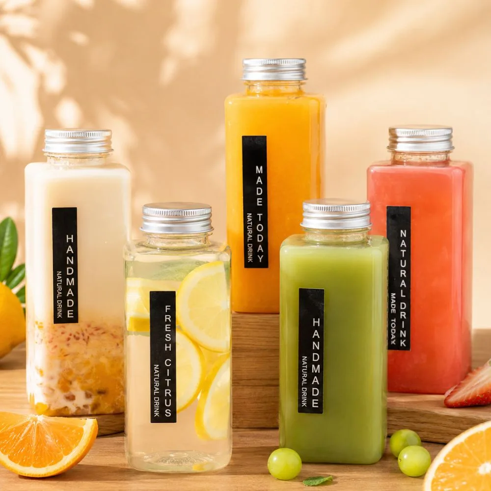 Labeled PET juice bottles in a three-size lineup filled with fresh juices, CupsPak production bottles