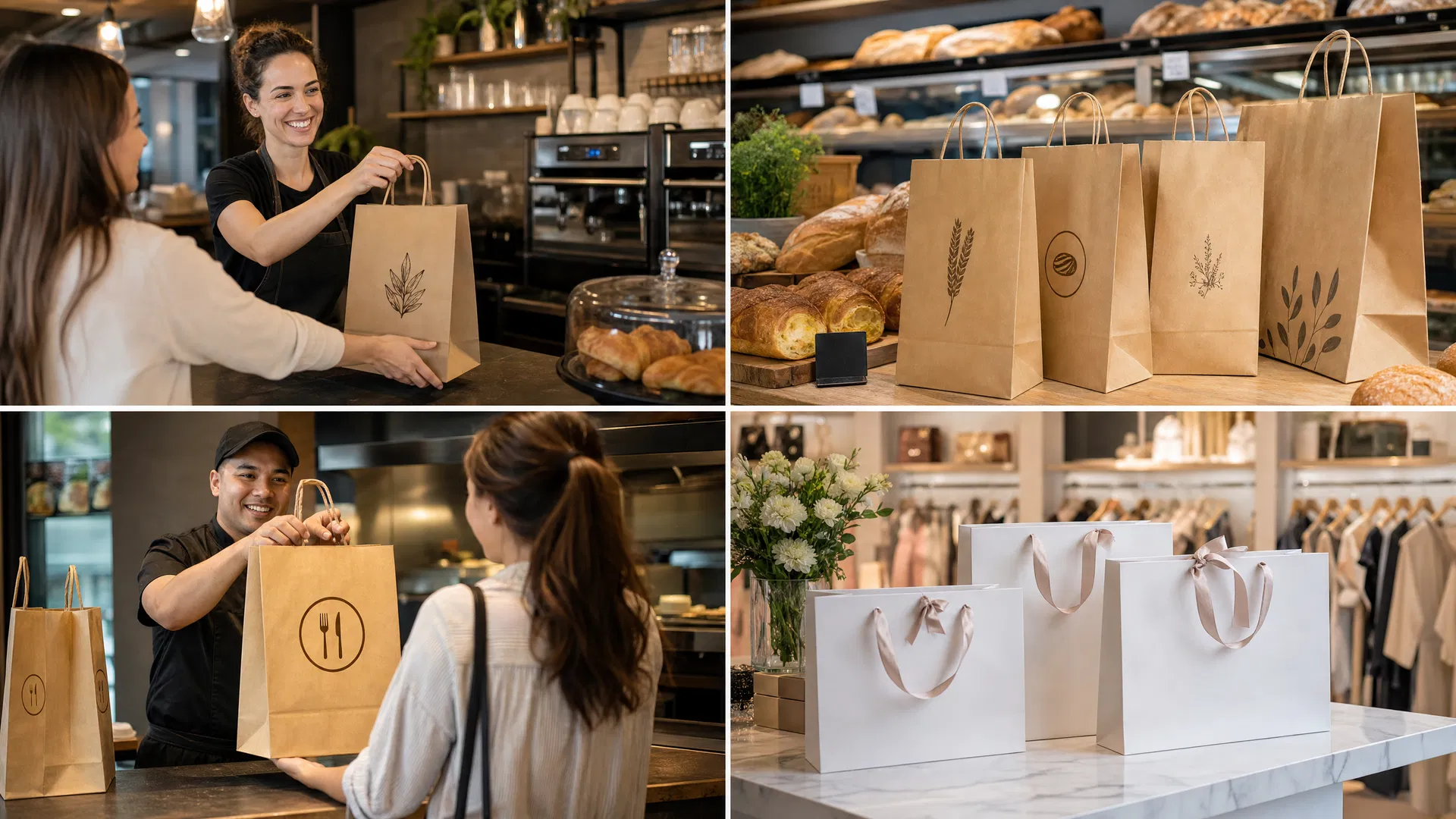 Custom paper bags in use across coffee shops, bakeries, retail boutiques, and restaurant takeaway counters