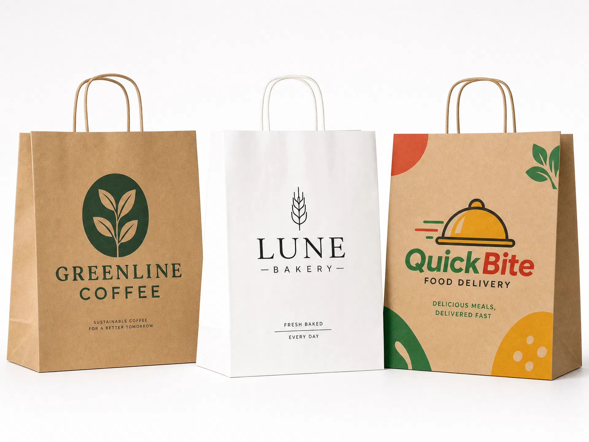 Printed kraft bags showing a two-colour mark, a fine-line logo and a full-colour design