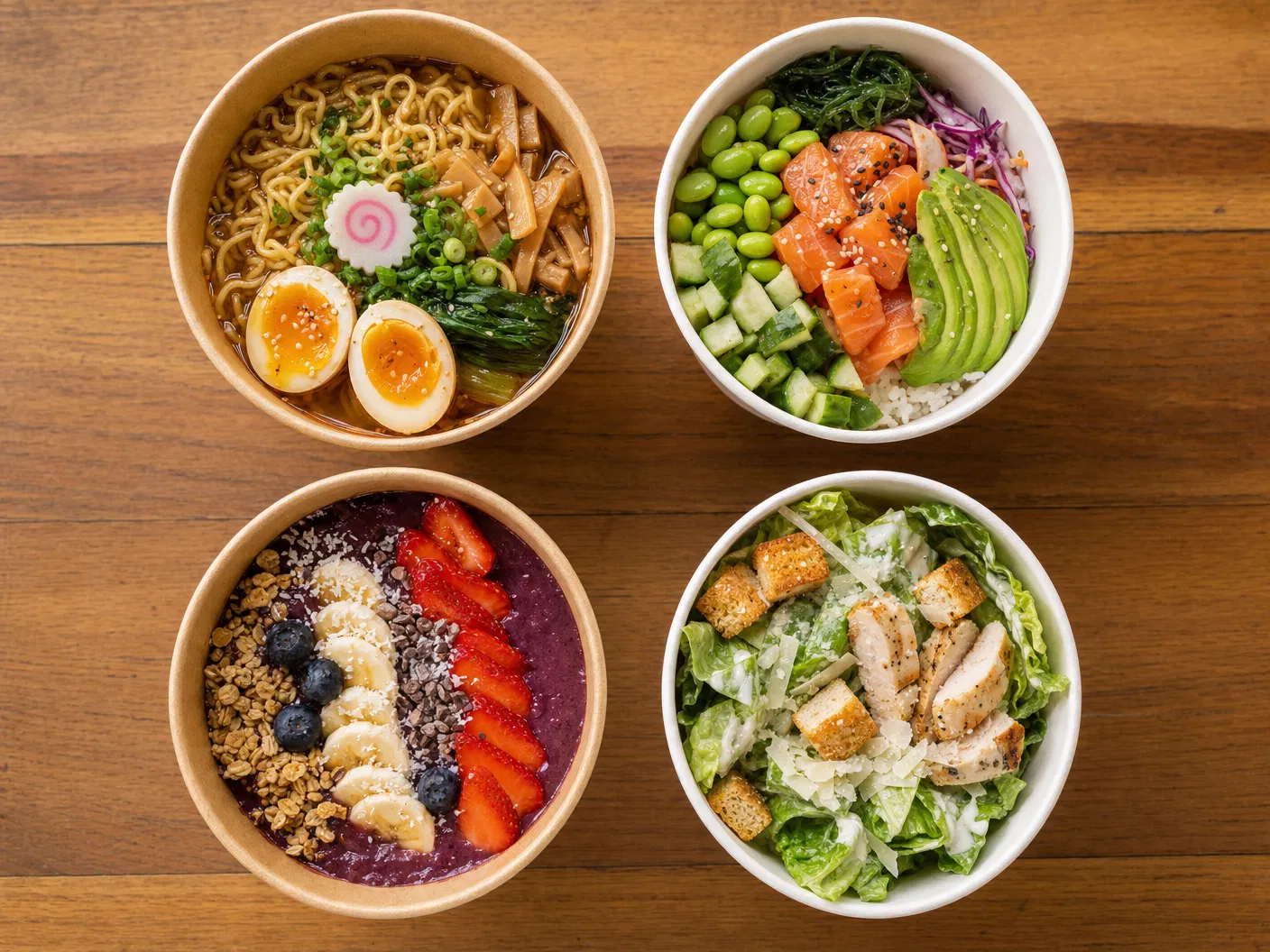 Aqueous coated paper bowls for low-plastic food service
