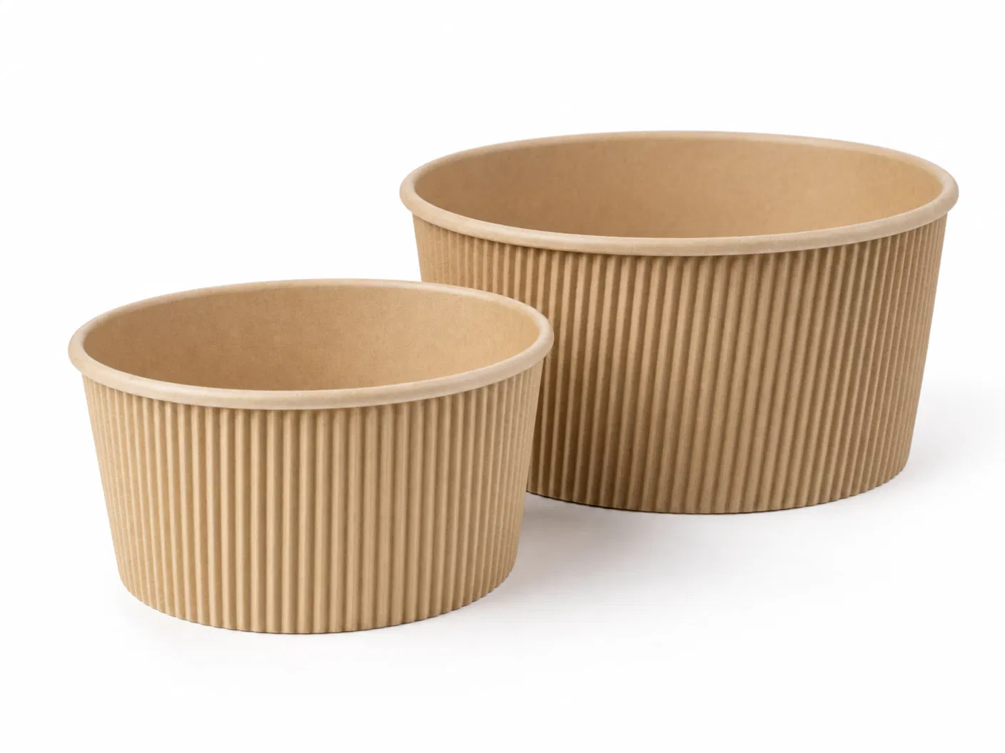 Ripple wall paper bowl with corrugated exterior texture, kraft brown color, suitable for hot food