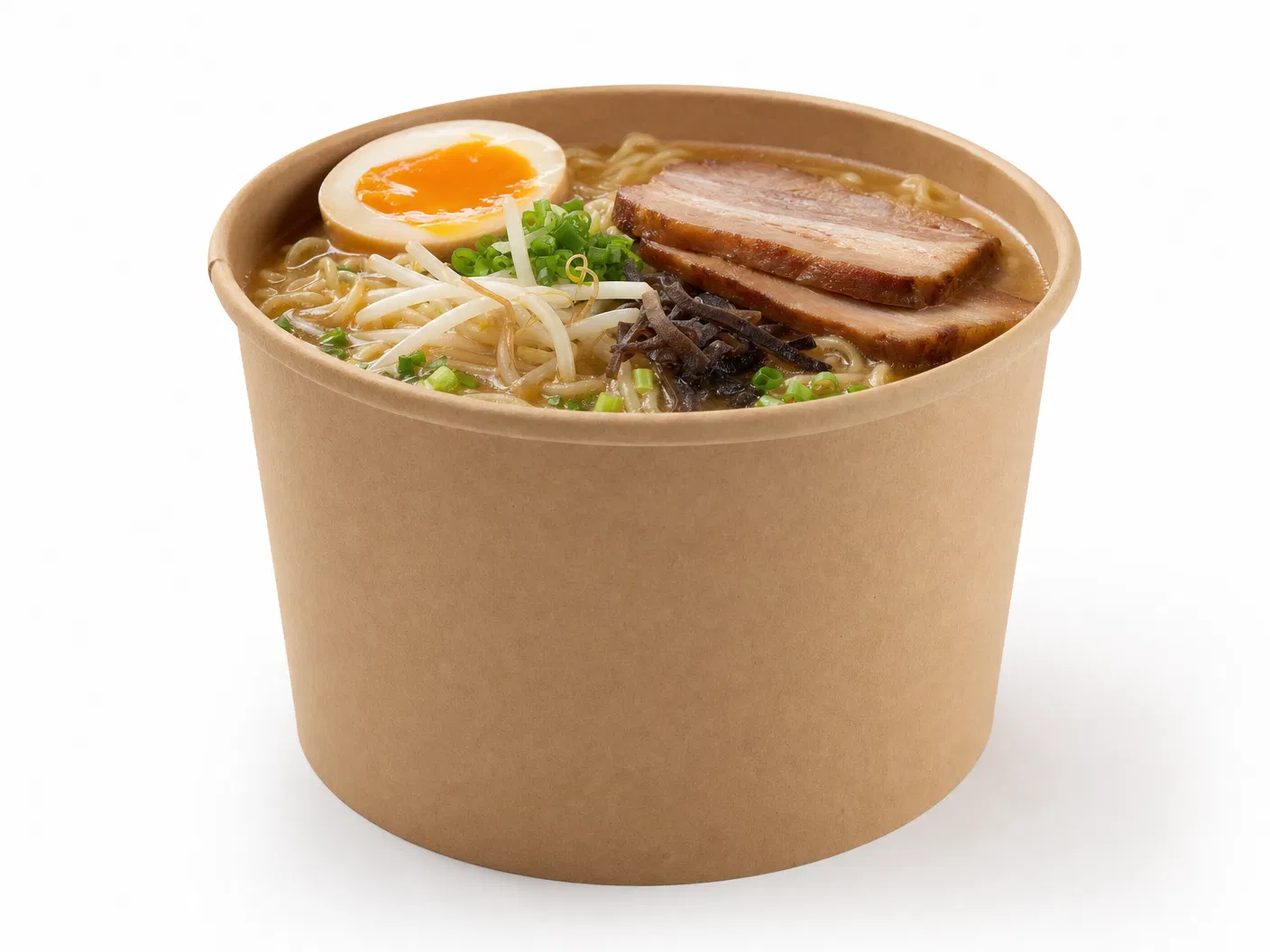 Kraft brown takeout paper bowl filled with ramen noodles and broth, deep cylindrical shape on white background