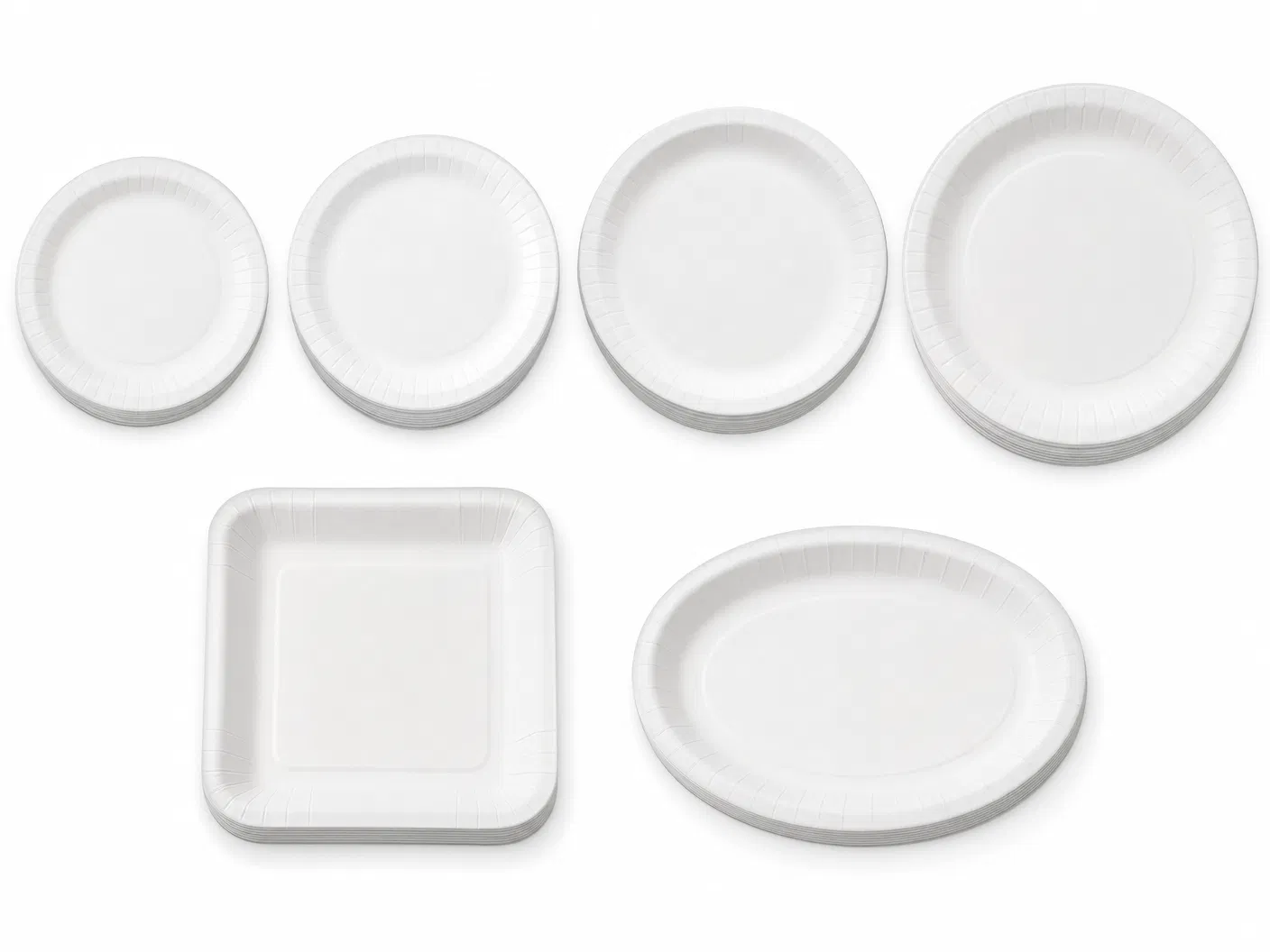 Standard disposable paper plate range, round, rectangular, and oval shapes in multiple sizes, CupsPak product overview