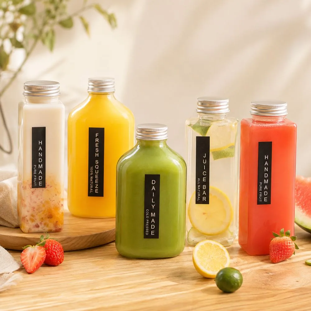 Real PET juice bottles with kraft labels on a wooden board — round flask and square clear plastic beverage bottles filled with fresh juice, CupsPak