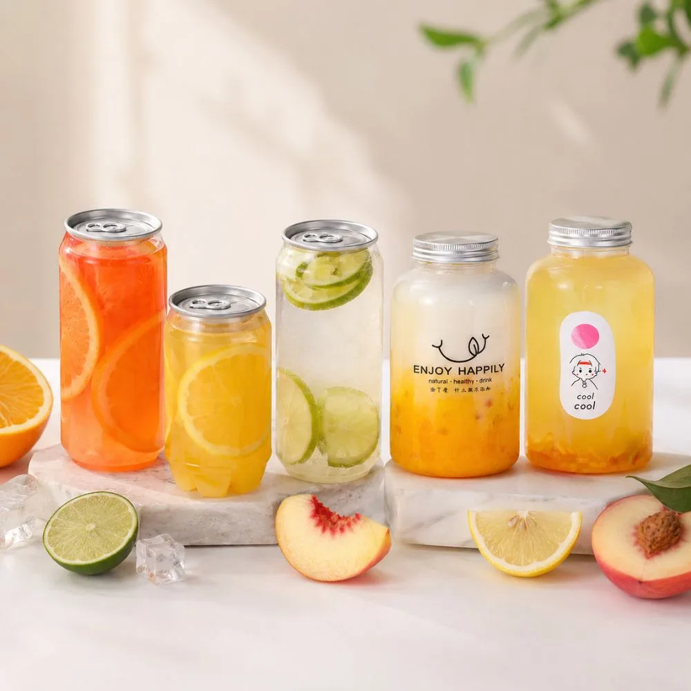 Round clear PET juice bottles and PET soda cans with ring-pull lids — crystal-clear beverage bottles with aluminum screw caps, BPA-free food-grade, CupsPak plastic juice bottle supplier