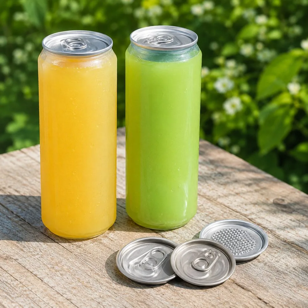 Three aluminum ring-pull end styles on clear PET cans, real production parts, CupsPak