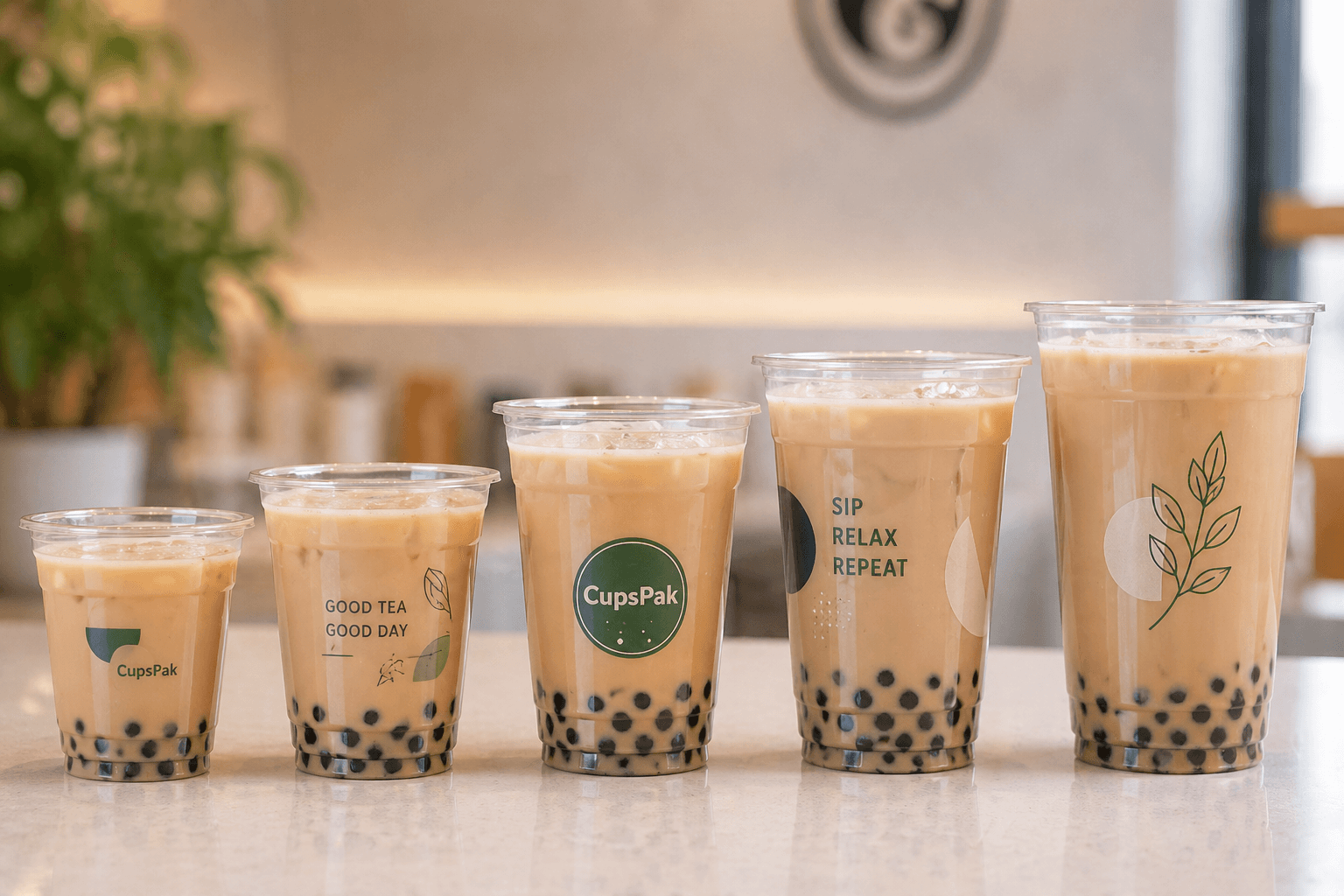 Custom PET cold cups wholesale -- 5 sizes from 7oz to 32oz, crystal-clear, food-grade, for bubble tea shops and iced coffee chains