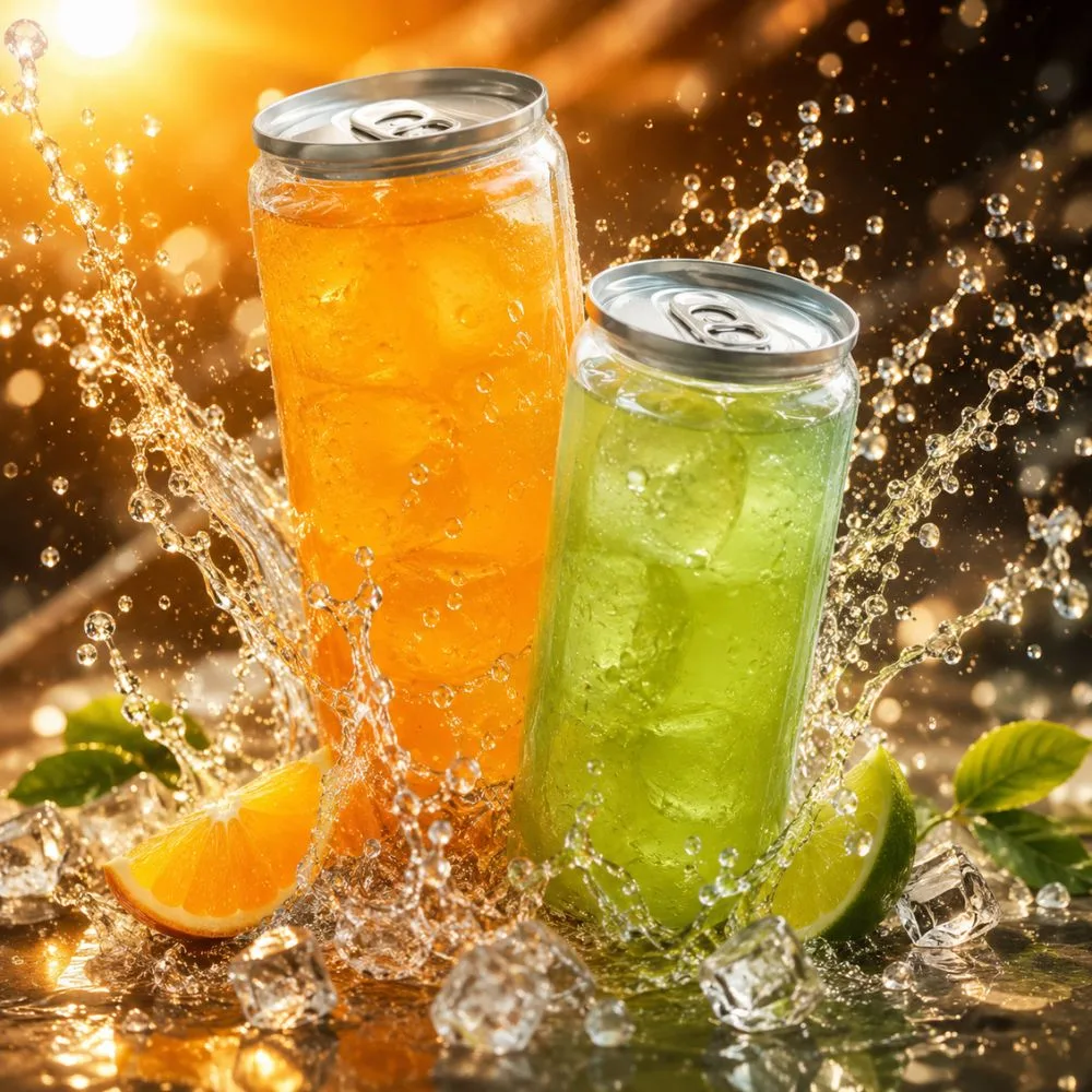 Clear PET soda cans with iced tea and citrus splash — transparent plastic drink cans with ring-pull lids in action, CupsPak wholesale