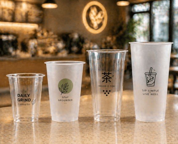 Clear and frosted PP injection cups wholesale — 90mm wide-mouth, 12oz to 24oz, food-grade virgin polypropylene, stock available from MOQ 1,000 pcs/size, CupsPak PP cup supplier
