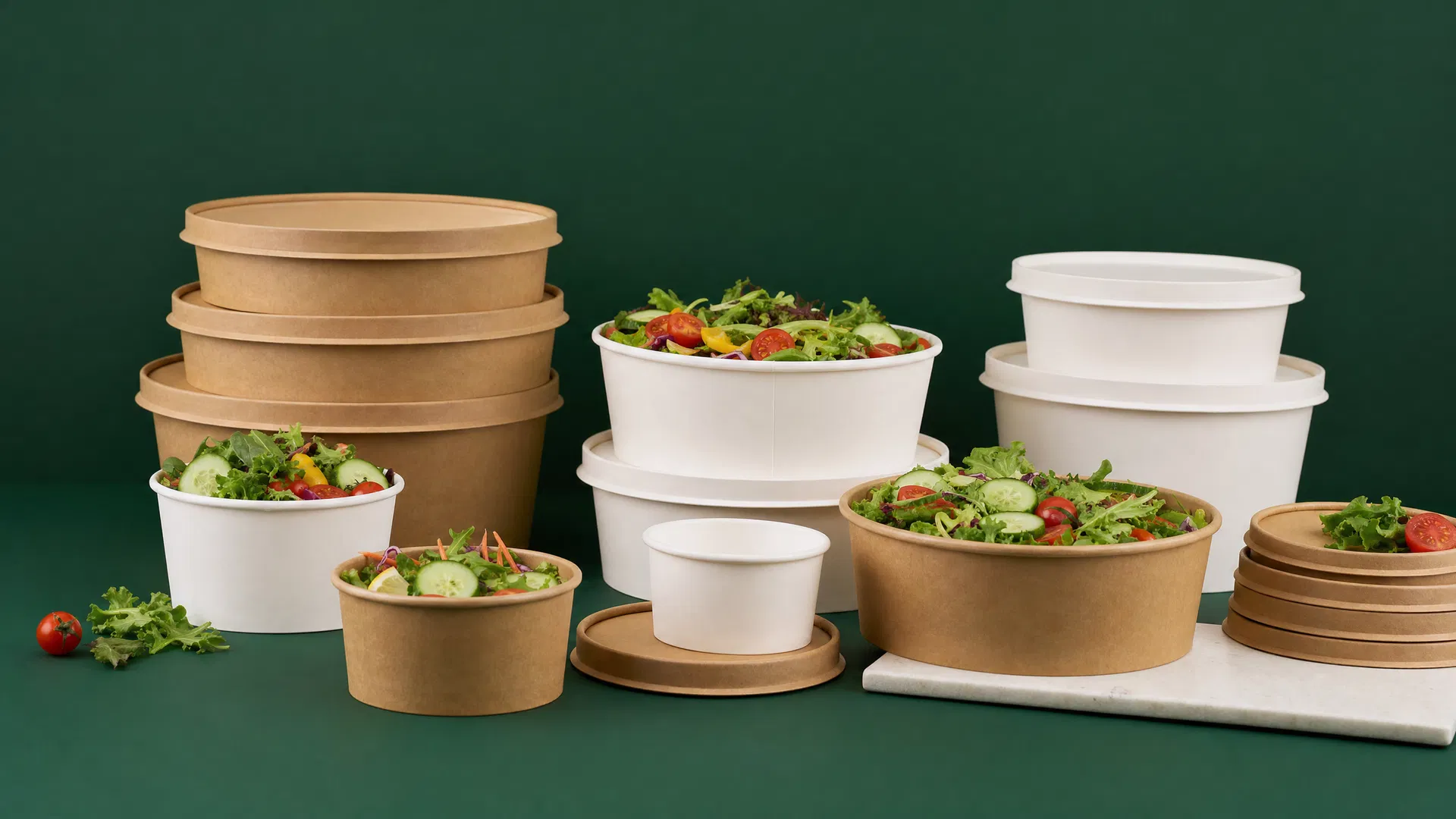 Paper Salad Bowls Wholesale: kraft and white flat rim bowls, 16 to 44 oz