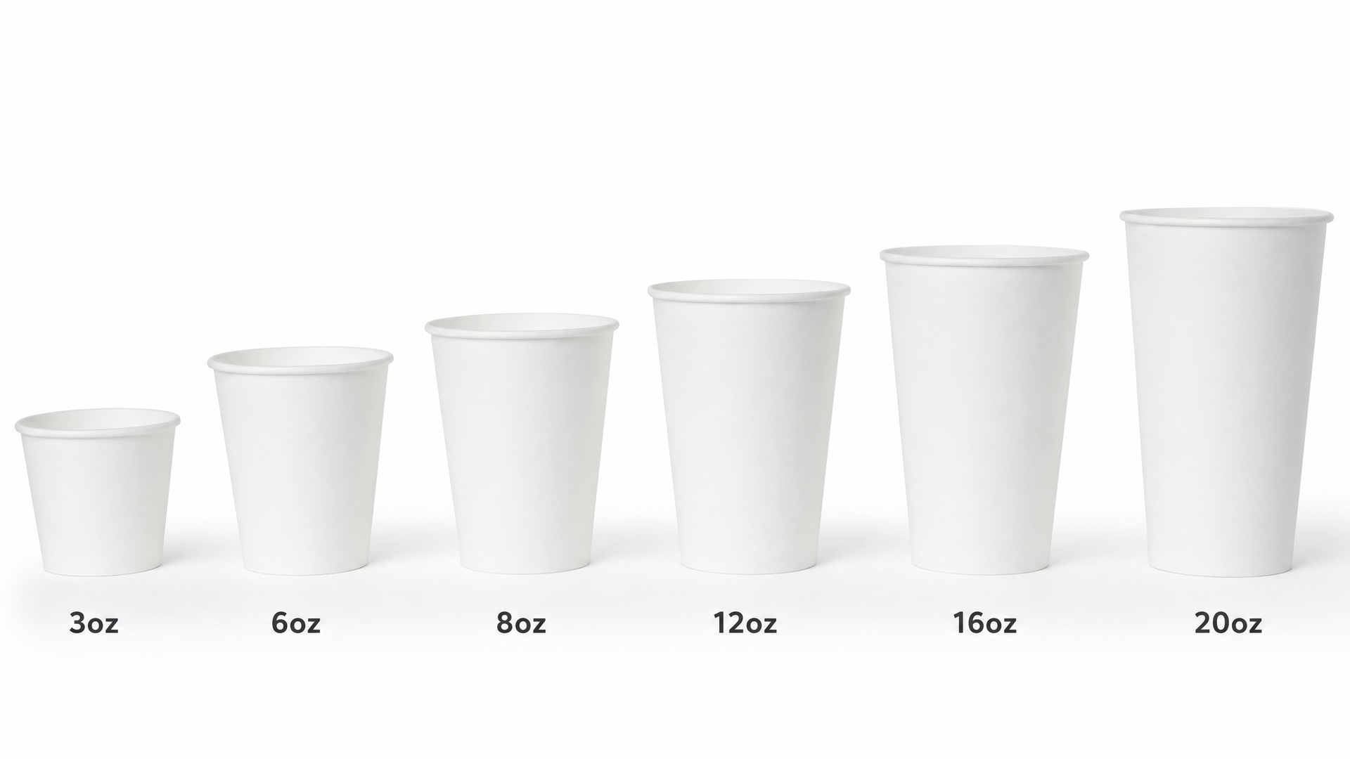 Single wall paper cups from 3oz to 32oz, height grows, rim diameters stay standard