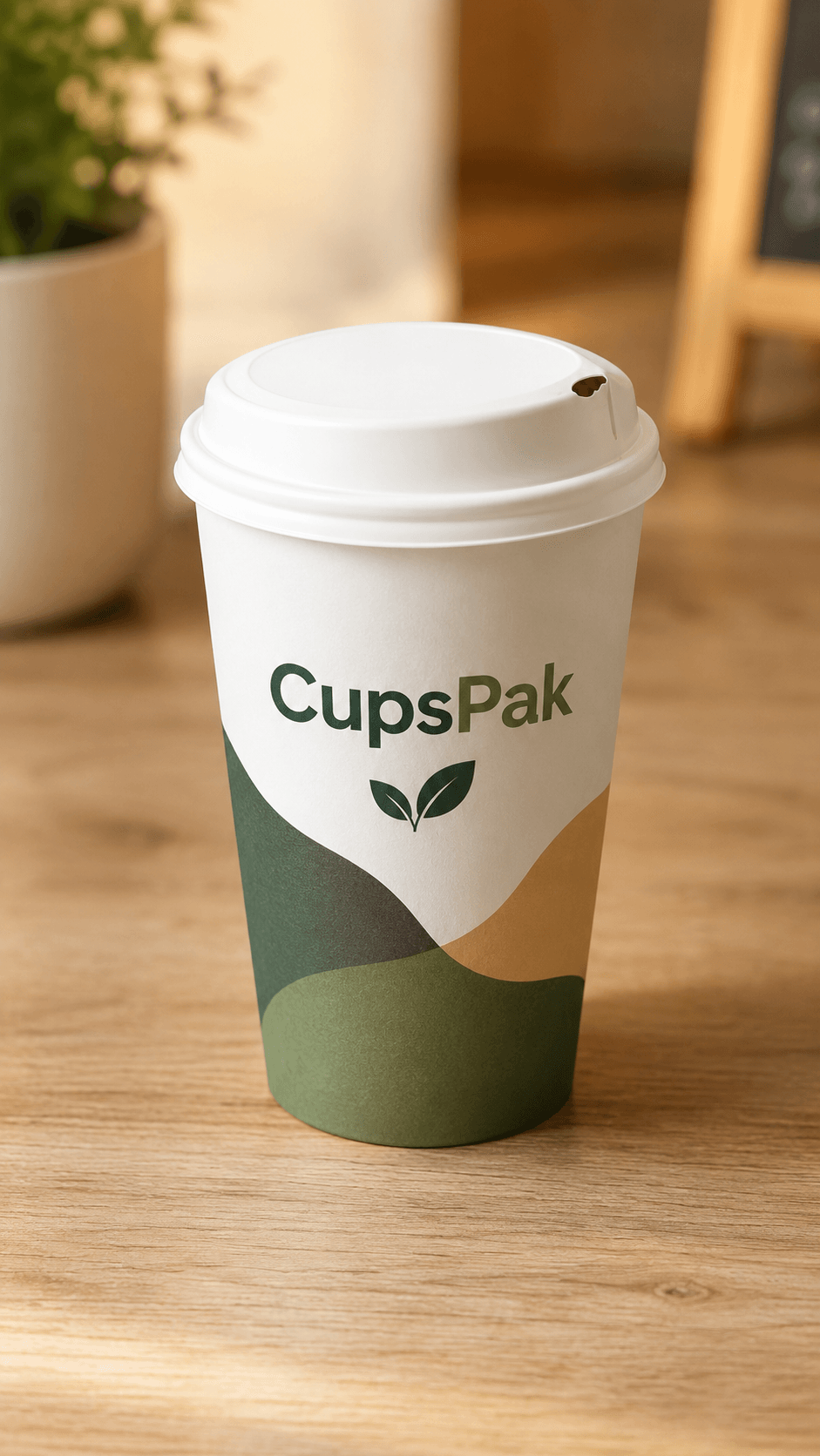 Paper cup lid on CupsPak branded white and green paper cup on a wooden table, plastic-free paper lid for hot coffee, eco-friendly disposable cup lid