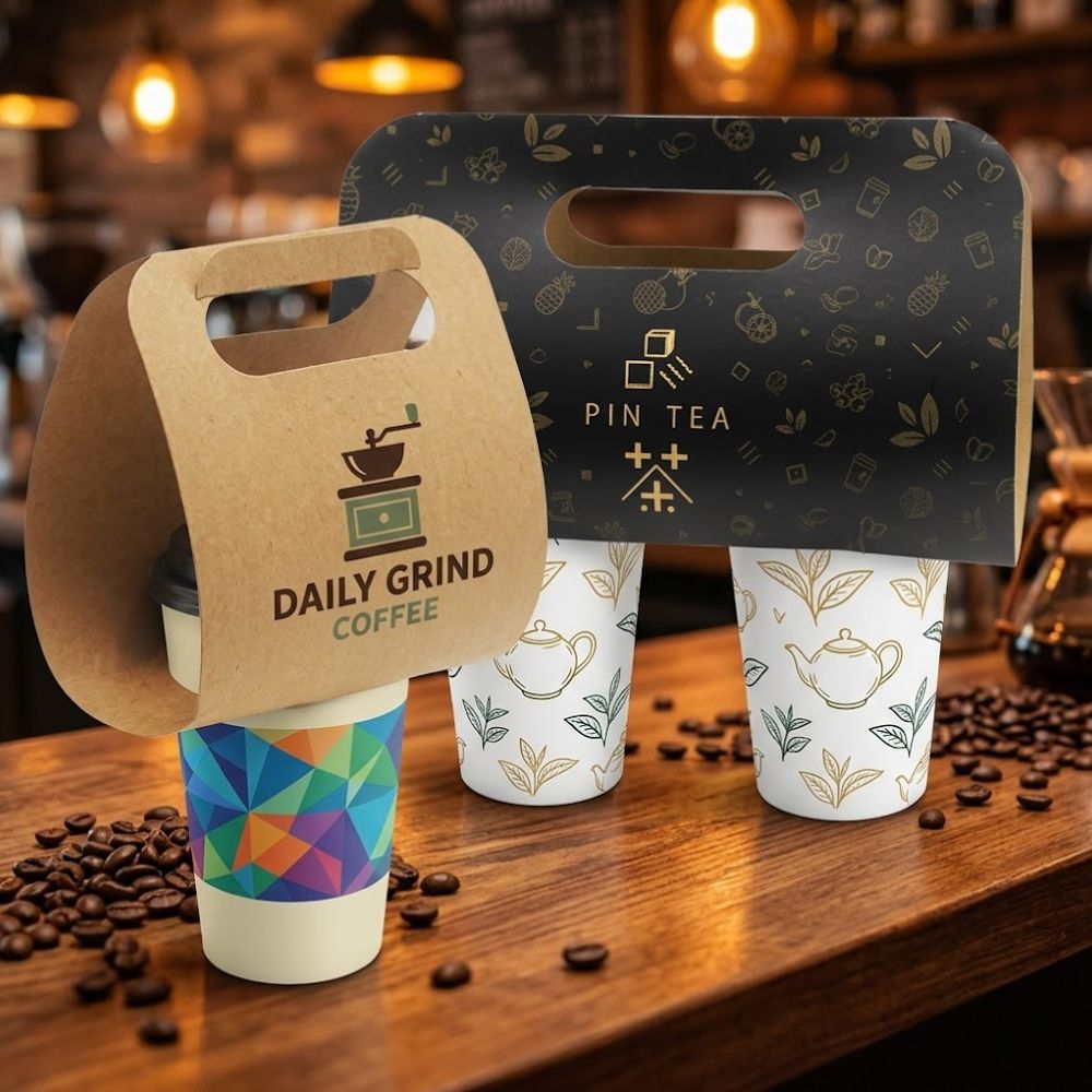 Custom printed paper cup carriers with brand logo — kraft arch carrier printed with Daily Grind Coffee and black carrier with Pin Tea gold foil branding, wholesale B2B
